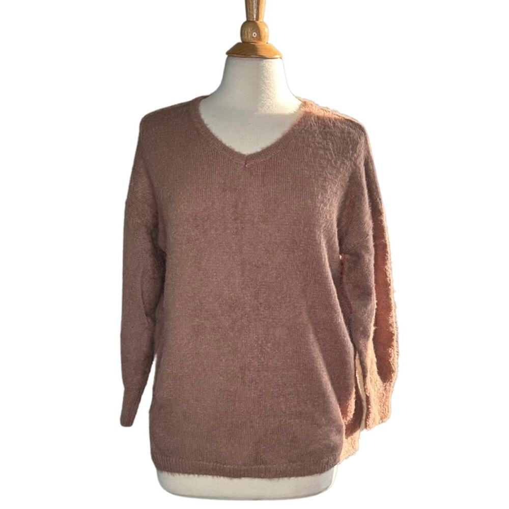 Pink Lily Brown Mocha Eyelash V Neck Sweater Oversized Soft Comfy Neutral GG18